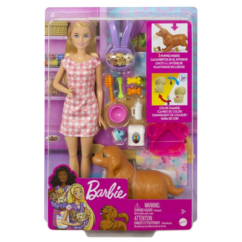 Barbie Doll & Newborn Pups Playset Multicolored 16 Piece Set