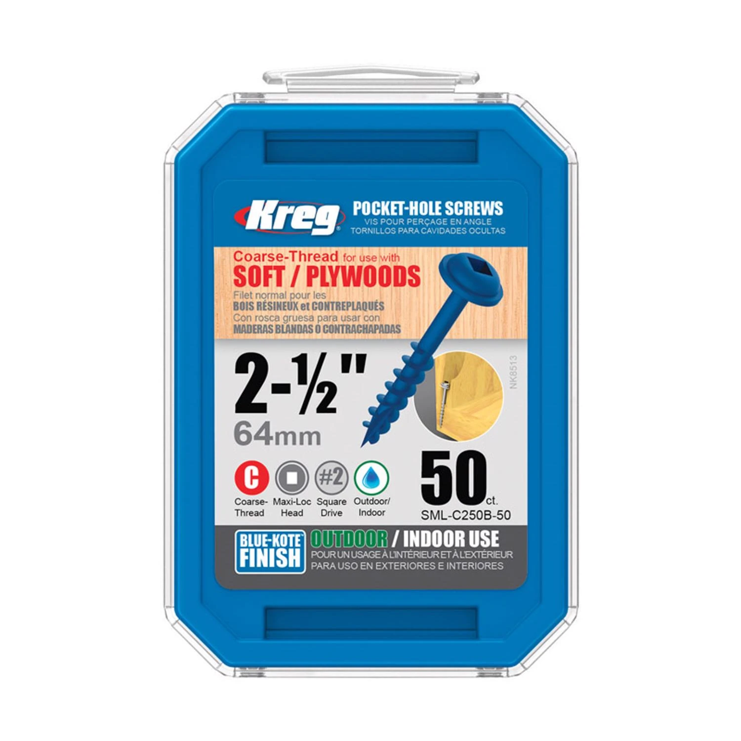 Pocket-Hole Screws, Square, Blue-Kote, Coarse, #8 x 2.5-In., 50-Ct.