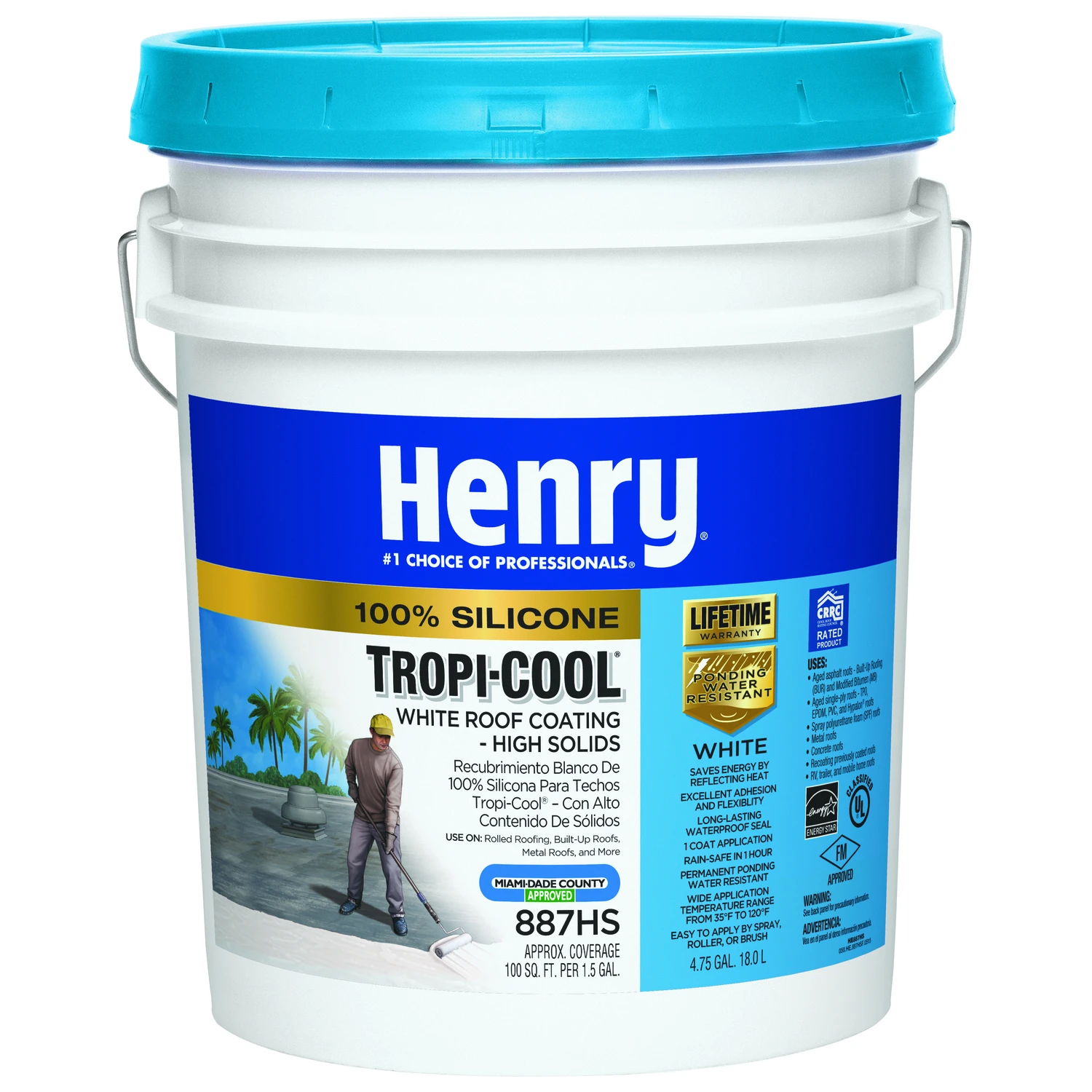 Tropi-cool 4.75 Gallon White Silicone Roof Coating - Model He887hs073