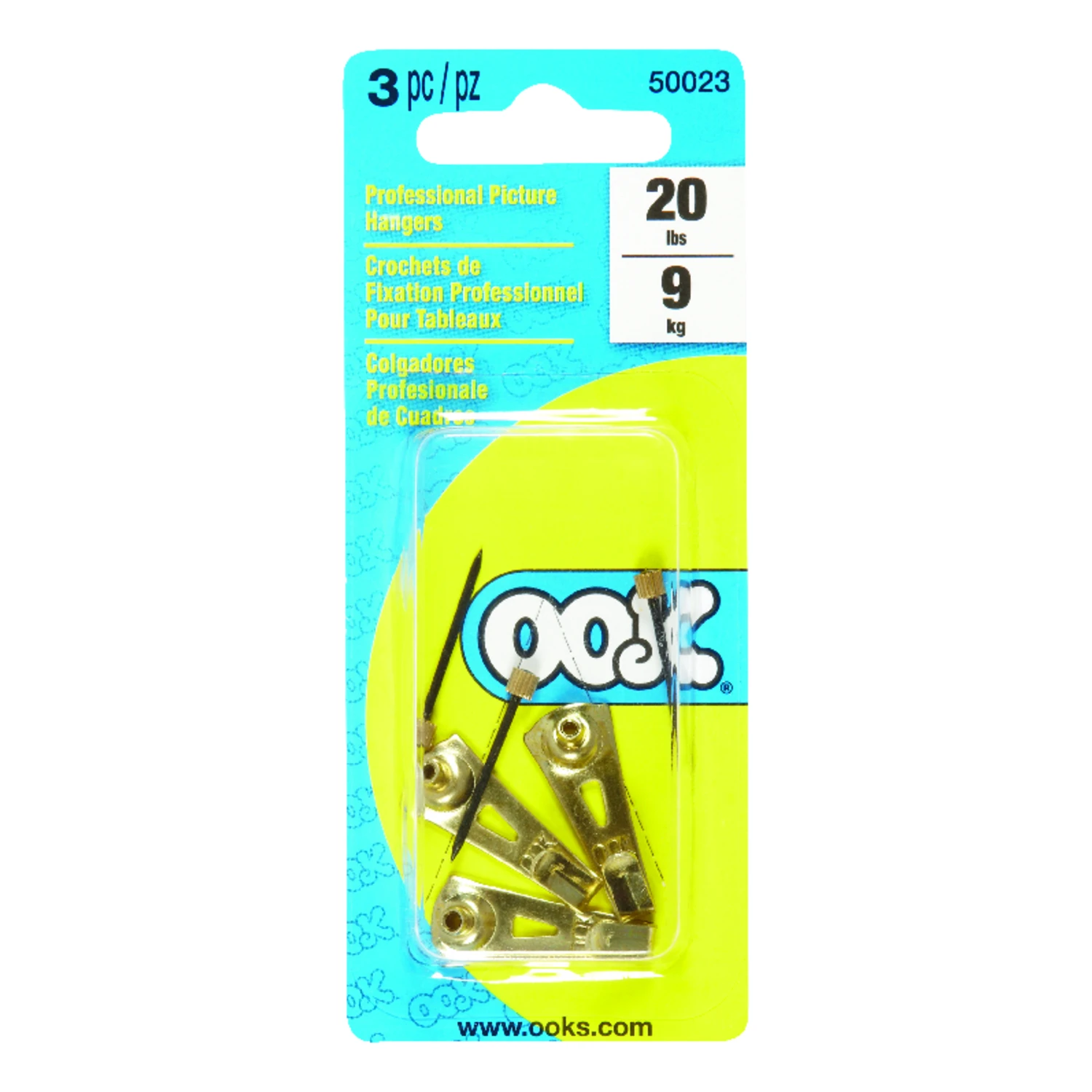 OOK 50023 Picture Hanger, 20 lb, Steel, Brass, Gold, 20/PK