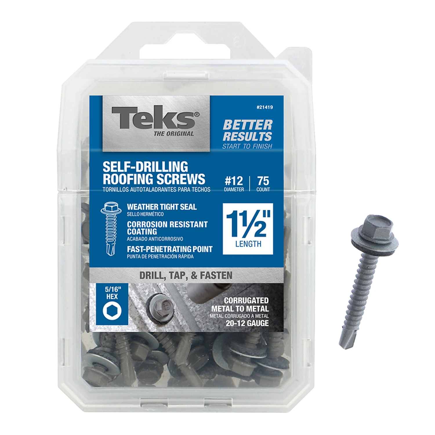Roofing Screws, Metal To Metal, Hex Washer Head, #12-14 x 1-1/2 In., 75-Pk.