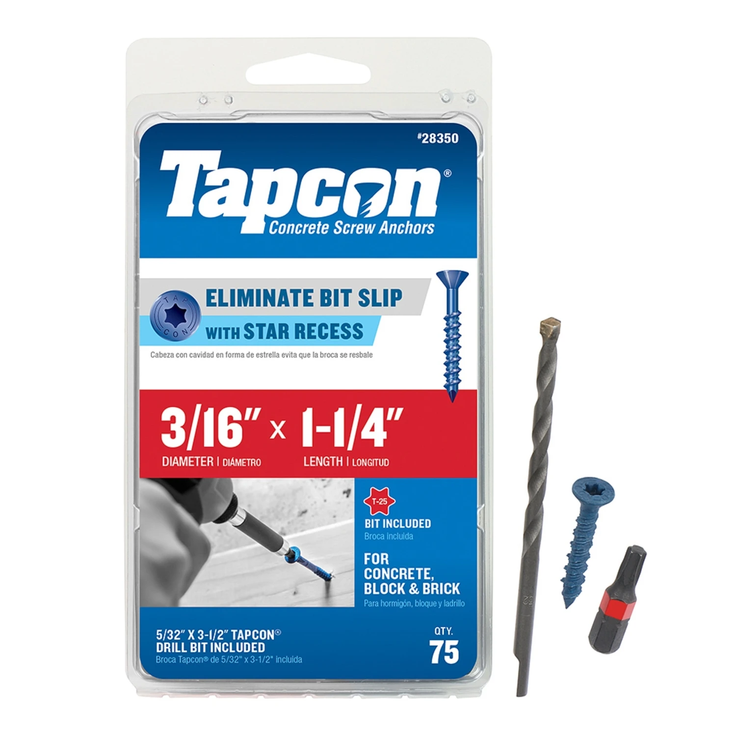 Concrete Anchors, Star Drive, 3/16 x 1-1/4 In., 75-Pk.
