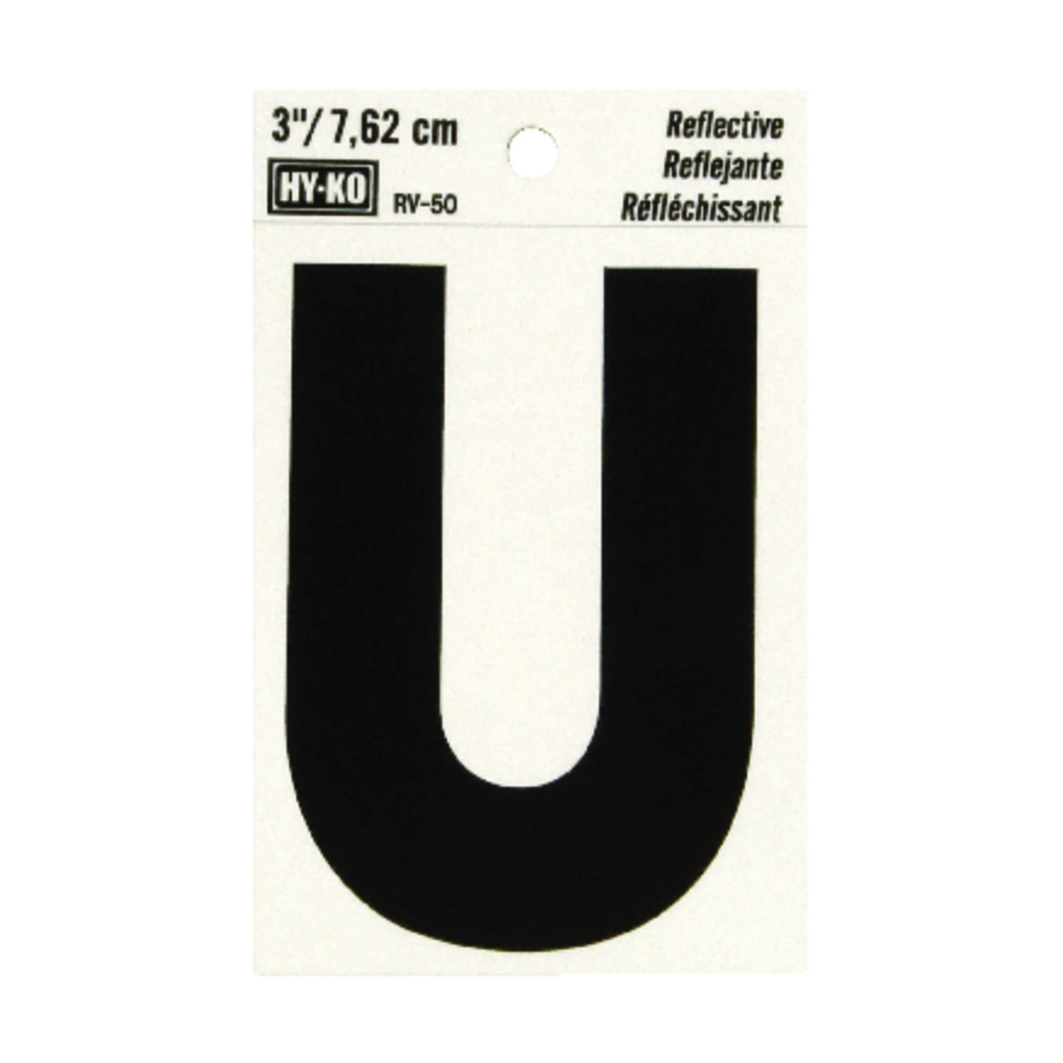 Hy-Ko RV-50/U Reflective Letter, Character: U, 3 in H Character, Black Character, Silver Background, Vinyl
