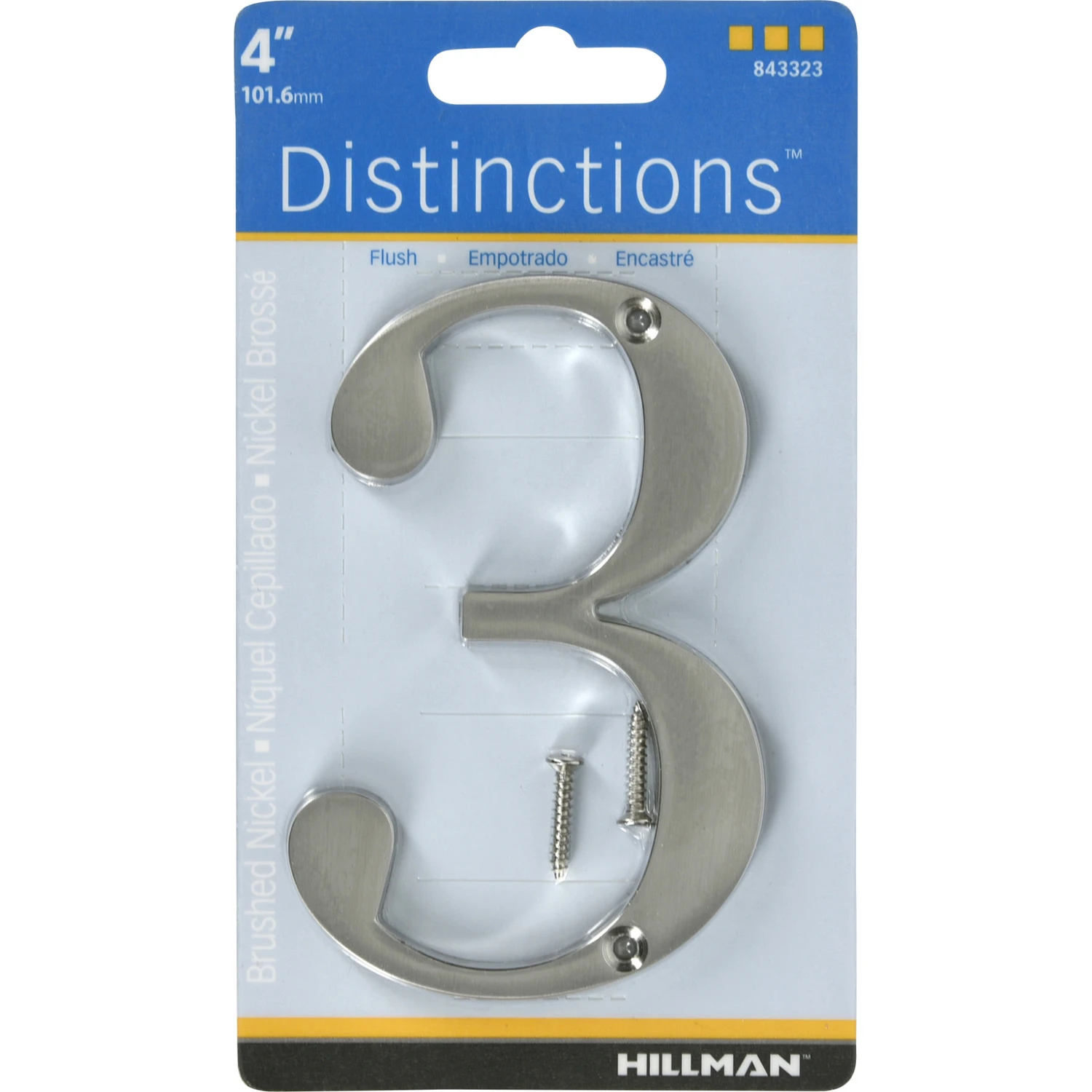 Distinctions House Address Number 3, Screw-In Mount, Brushed Nickel Zinc, 4 Inch