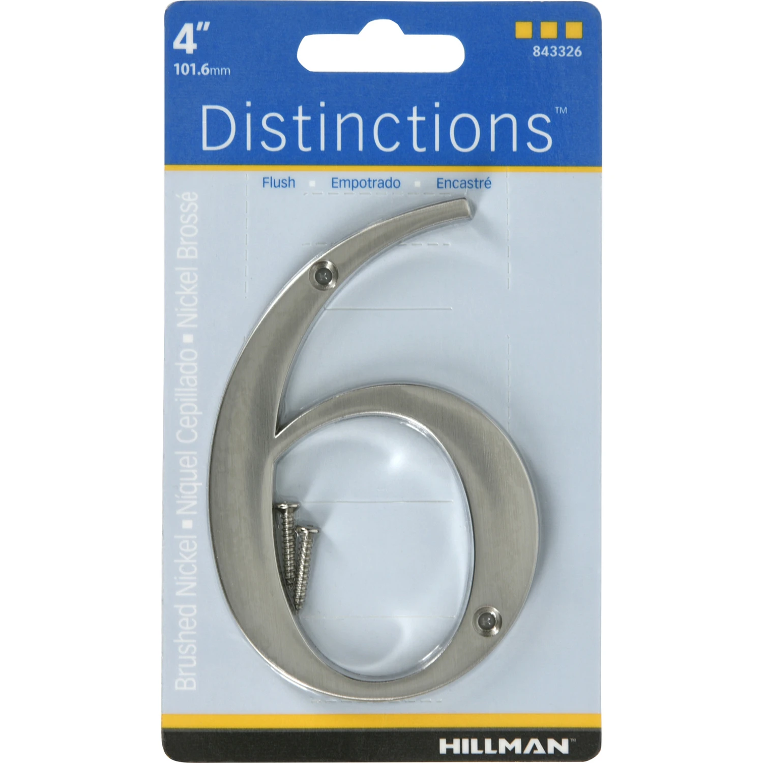 Distinctions 4 In. Brushed Nickel Zinc Die-cast Screw-on House Number 6