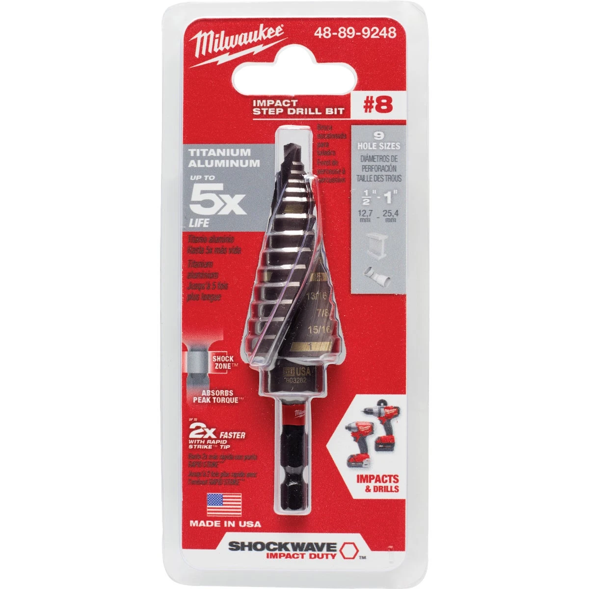 Shockwave Impact Duty 1/8 In. To 1 In. #8 Step Drill Bit, 9 Steps