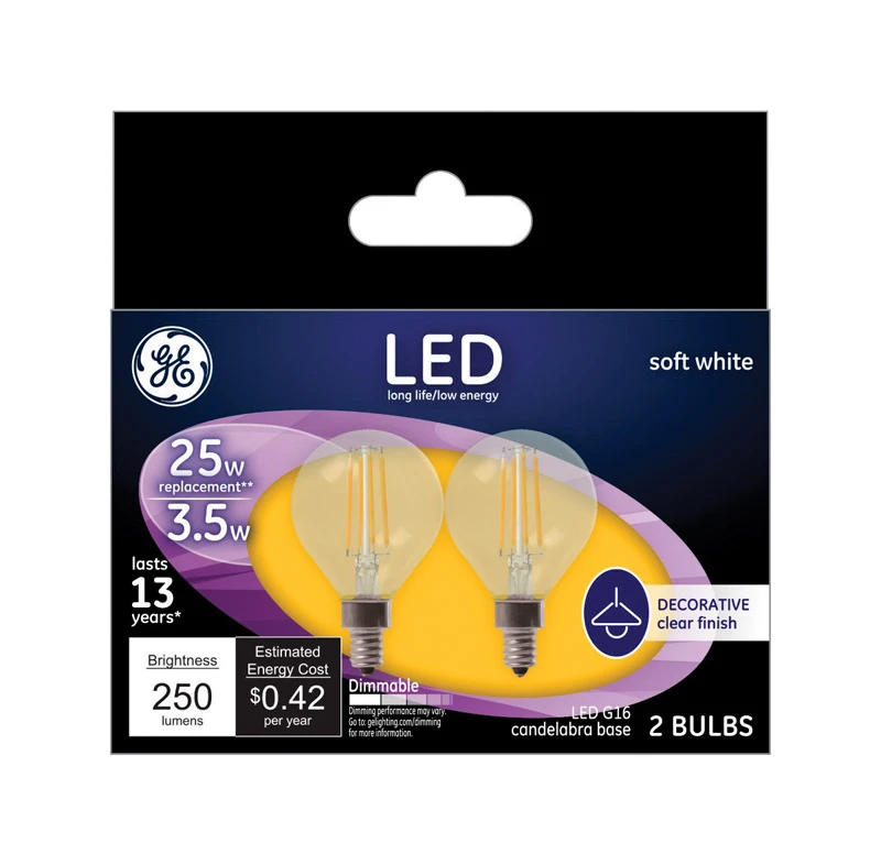 Decorative Globe LED Light Bulbs, Candelabra Base, Soft White, Clear, 250 Lumens, 3.5 Watt, 2-Pk.