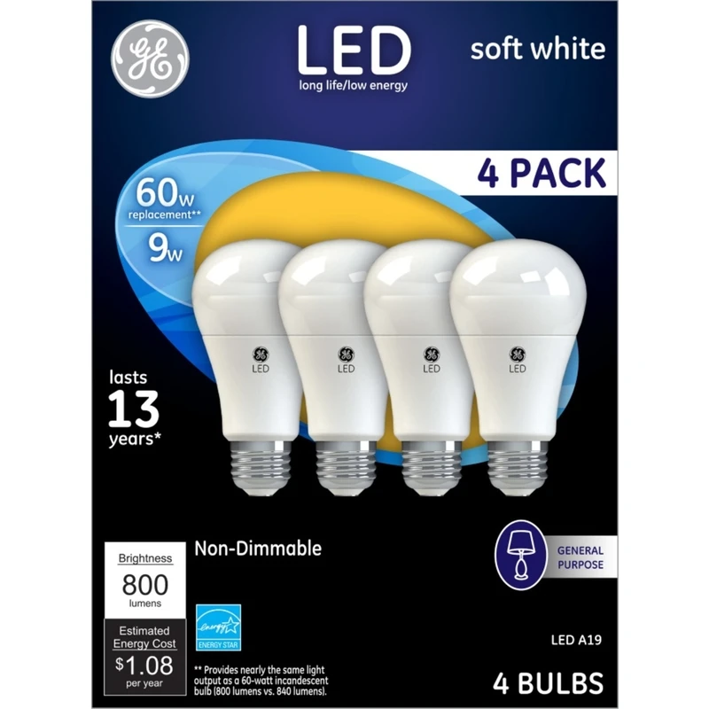 GE A19 E26 (Medium) LED Bulb Soft White 60 Watt Equivalence 4 pk