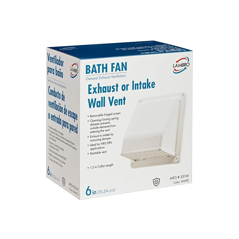 6 Inch White Plastic Wall Vent Cap With Removable Damper And Hinged Screen