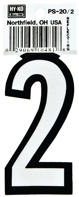 Hy-Ko PS-20/2 Reflective Sign, Character: 2, 3-1/4 in H Character, Black/White Character, Vinyl