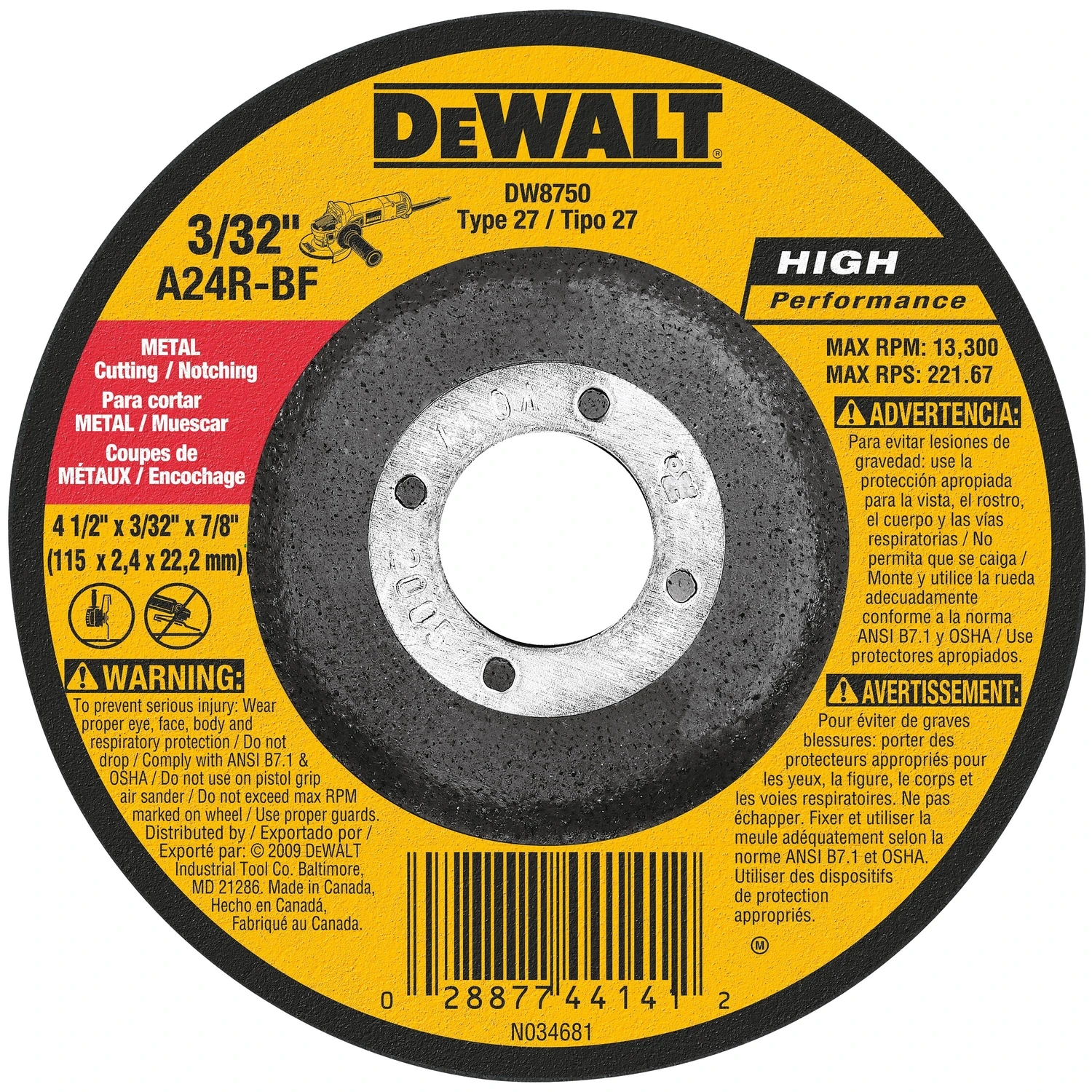 4-1/2 In. Aluminum Oxide Metal Cut-off Wheel Dw8750, 3/32 In. Thickness