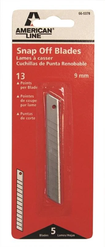 American LINE 66-0378 Knife Blade, 9 mm, 3.156 in L, HCS, 2-Facet Edge, 13 -Point, 5/PK, Carded