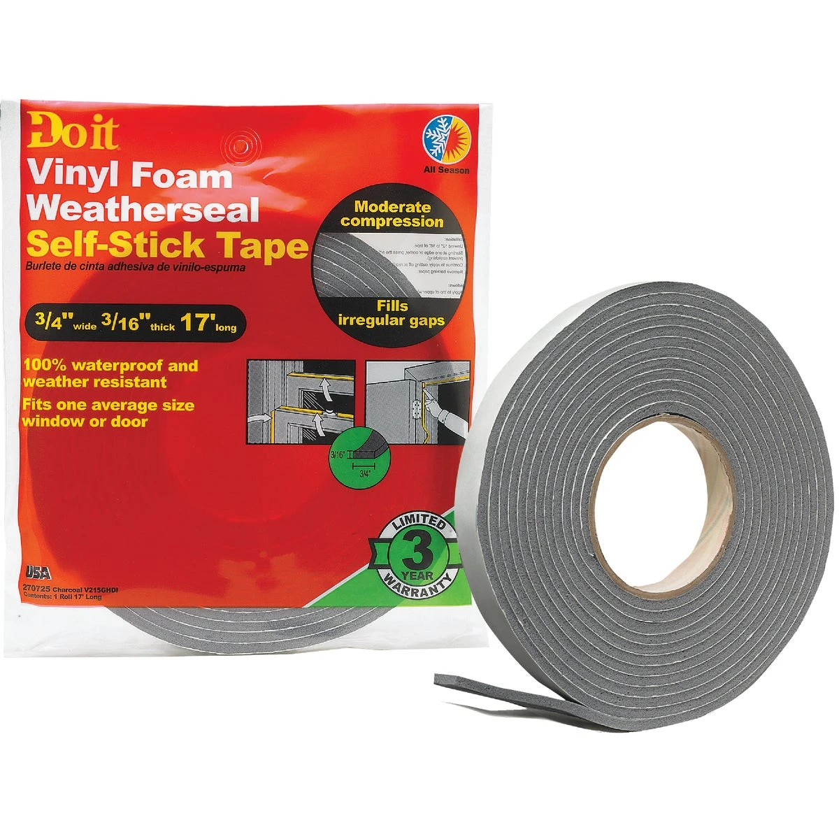 3/4" W X 3/16" T X 17' L Charcoal Foam Weatherstrip Tape