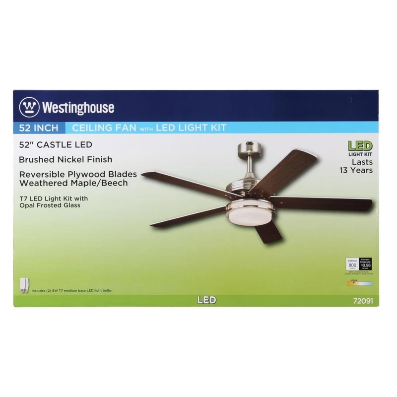 Castle 52 Inch Ceiling Fan with LED Light, Brushed Nickel Finish, Reversible Blades