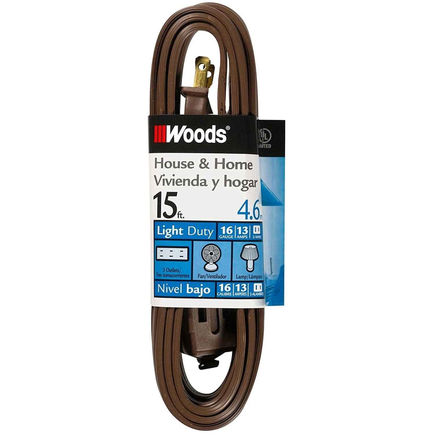 15 Ft. Brown Indoor Extension Cord With Triple Outlet Power Tap, Model 603