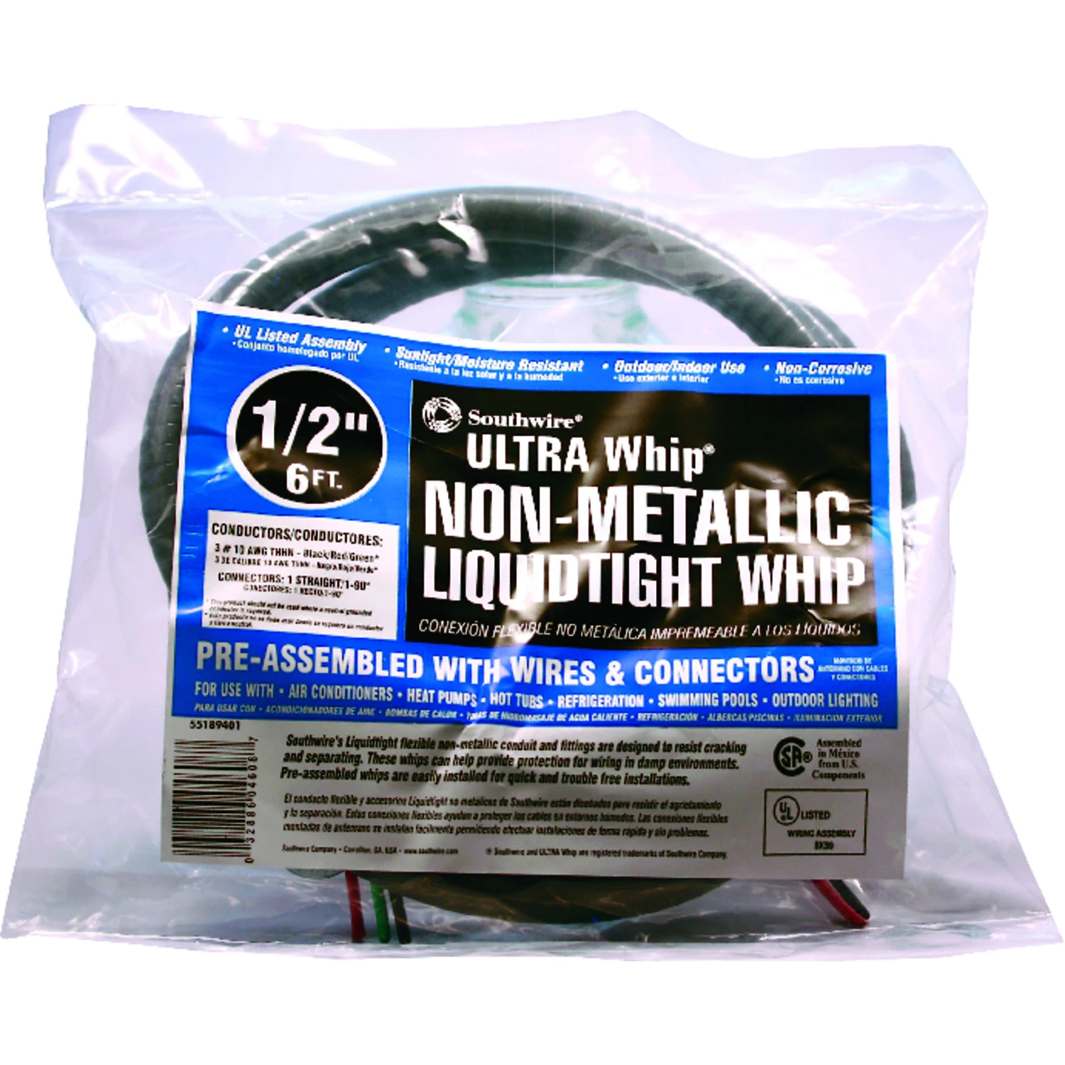 6 Ft. X 1/2 In. Flexible Non-metallic Pre-wired Whip, 10 Gauge, 3 Conductor
