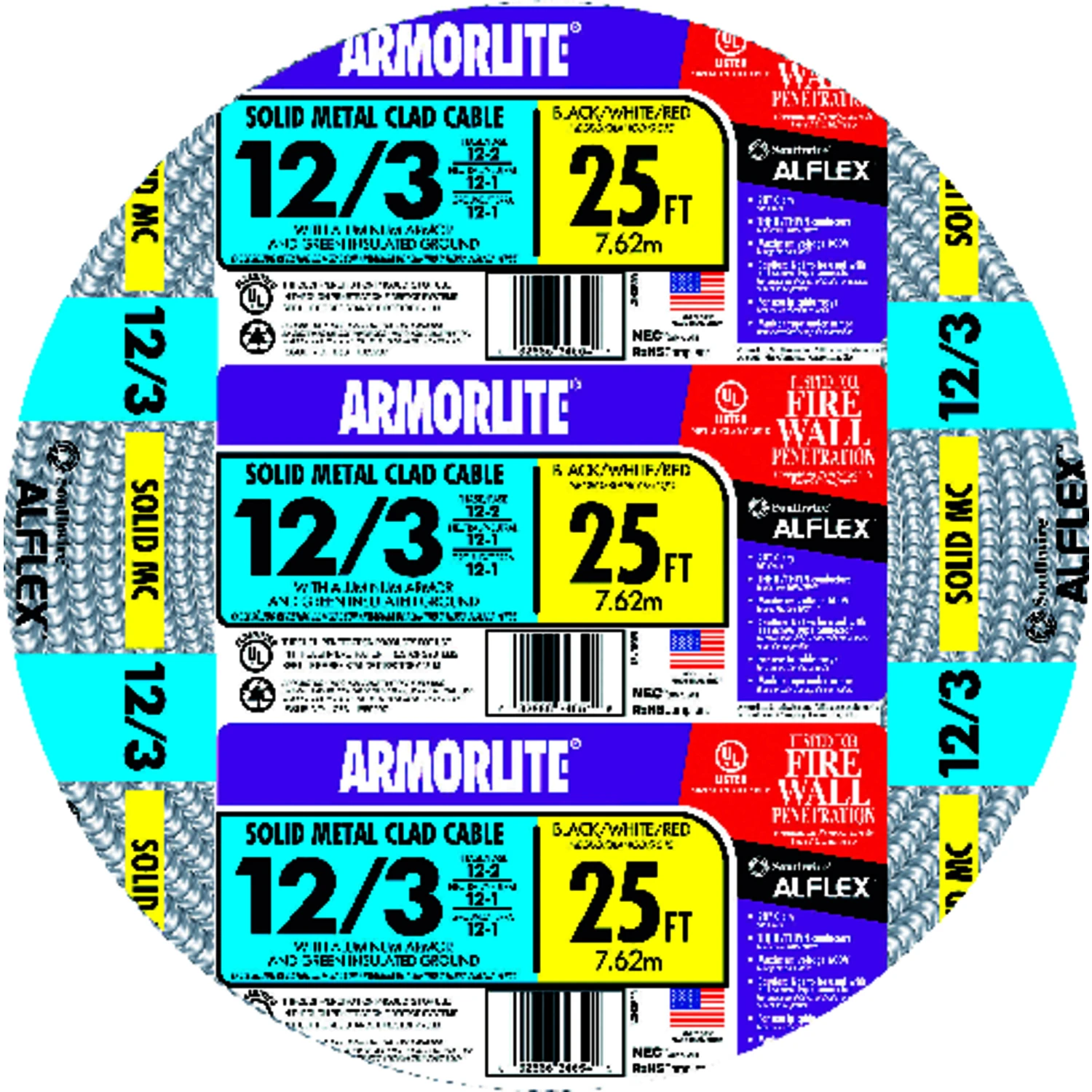 25 Ft. 12/3 Solid Aluminum Armored Mc Cable With Ground Wire