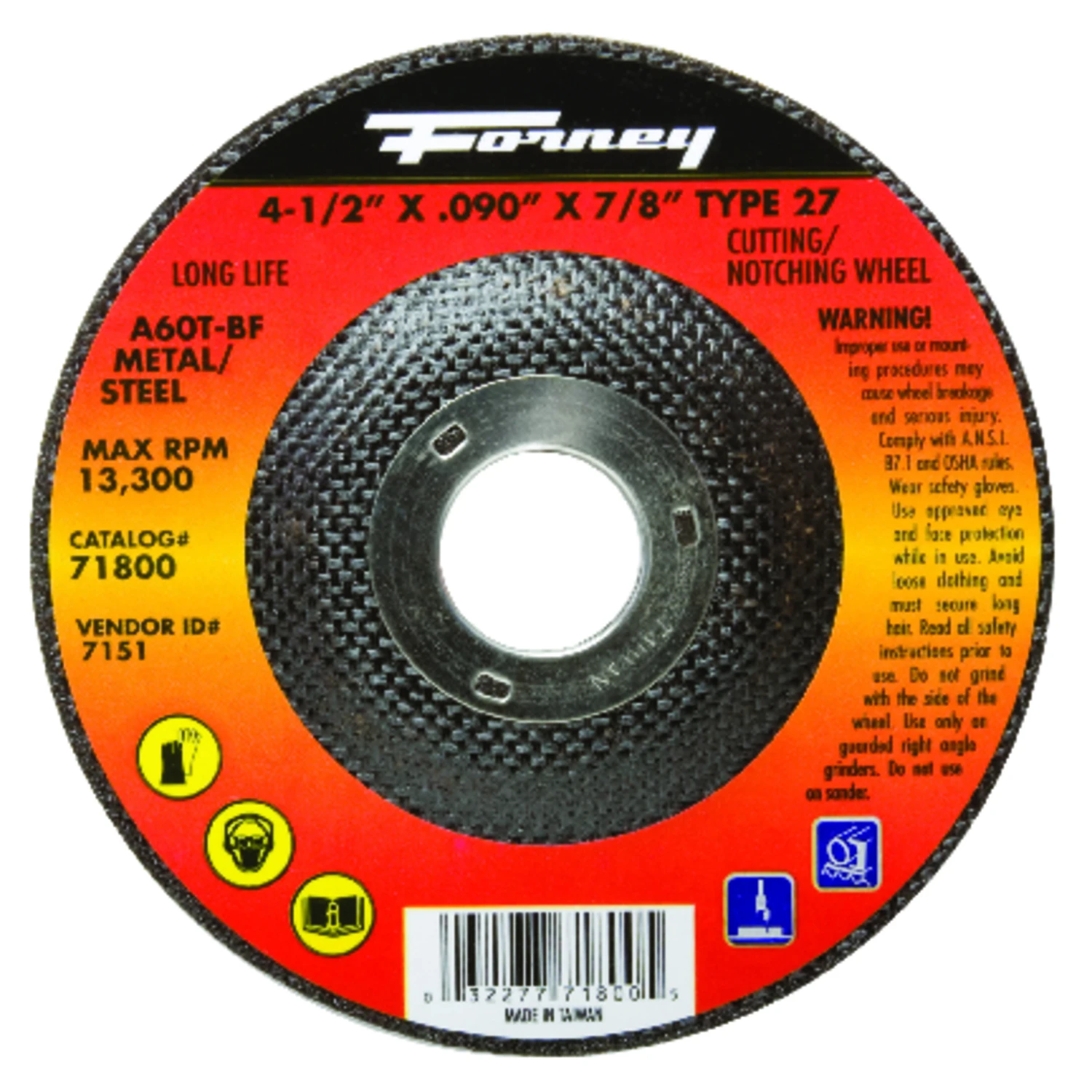 Type 27 Cutting Wheel 4.5 Inch Diameter by 0.090 Inch Thickness