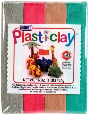 Plast-i-clay Non-hardening Modeling Clay, 1 Pound, Multi-colored Red, Gray, Green, Brown