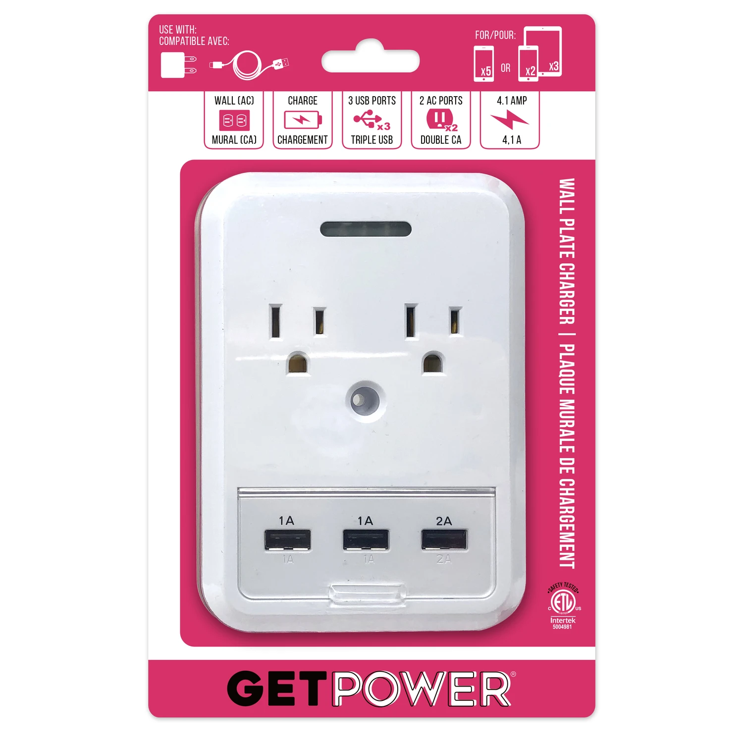 Getpower Usb Wall Plate Charger, 2 Ac Outlets, 3 Usb Ports, 4.1a, White, Model Gp-3usb-ac-ac