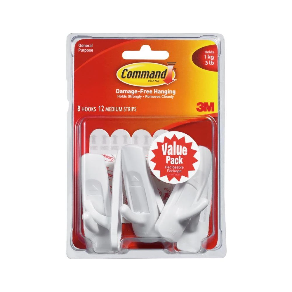 Medium Designer Hooks, White, 8 Hooks/12 Strips Value Pack