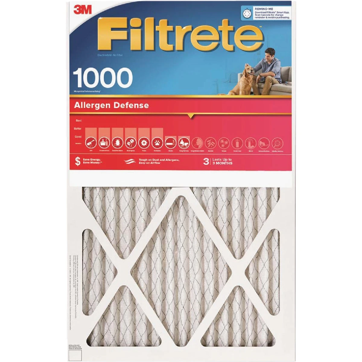 16x24 x 1 In. Micro Allergen Defense Pleated Furnace Air Filter, Red, MPR 1000, 3 Months
