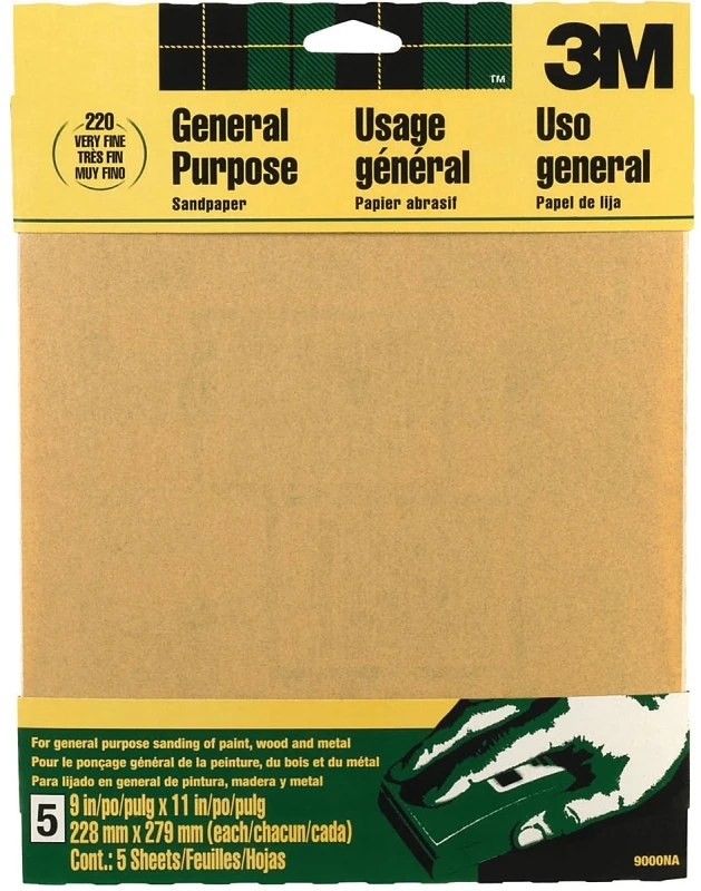 Aluminum Oxide Sandpaper, 220-Grit, 9 x 11 In., 5-Pk.