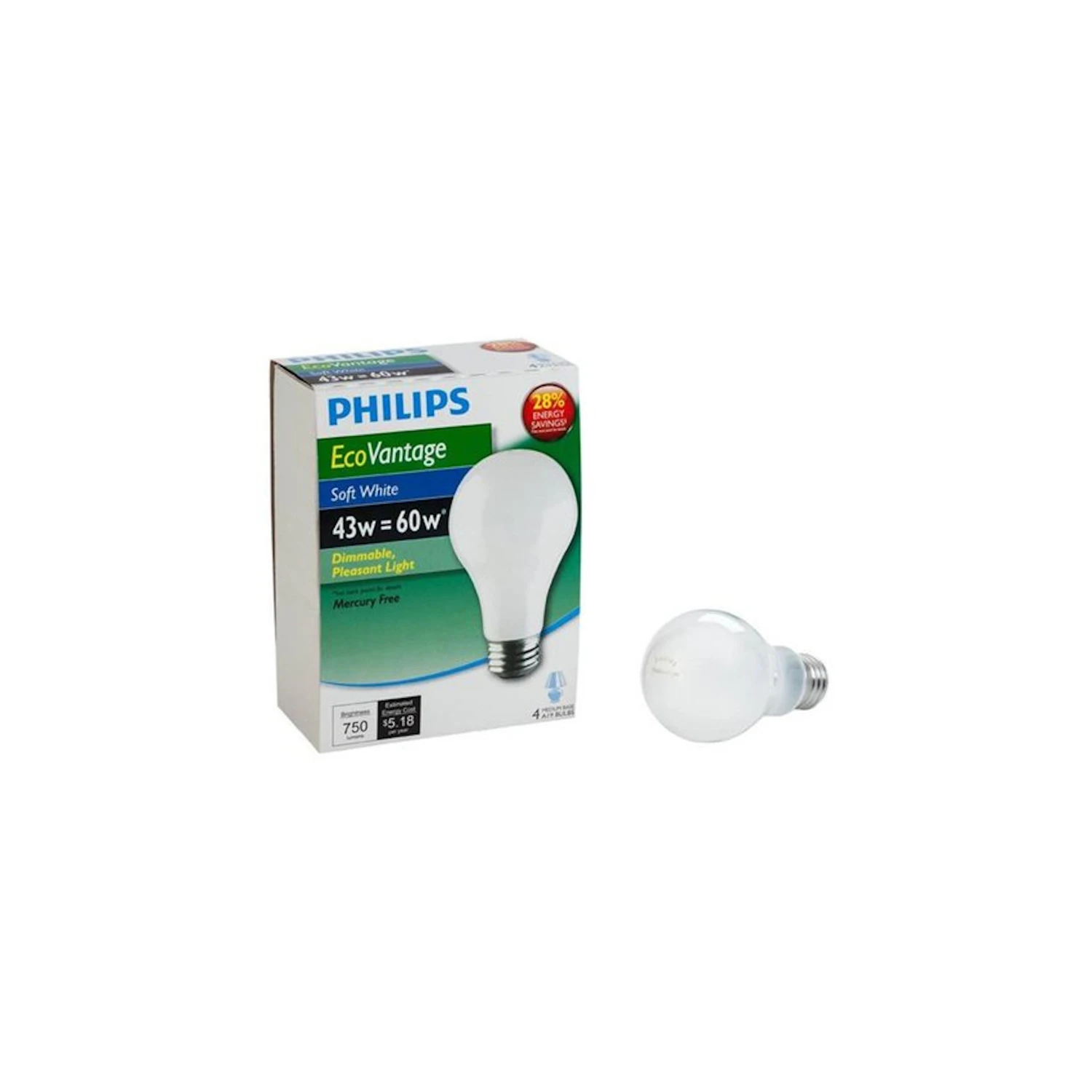 Philips EcoVantage 60W Equivalent Soft White Medium Base A19 Halogen Light Bulb (4-Pack)