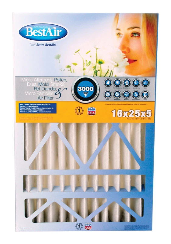 16x25 x 5 In. Carrier Pleated Air Filter, MERV 13, Electrostatically Charged, 1 Year