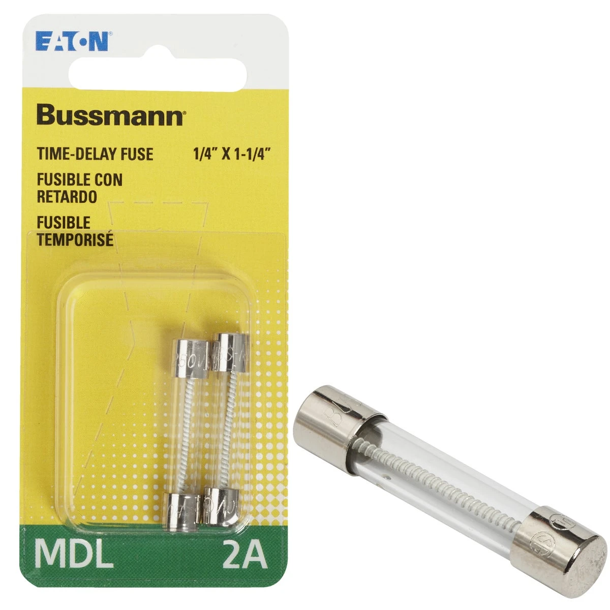 Bussmann 2 amps Time Delay Glass Fuse 2 pk