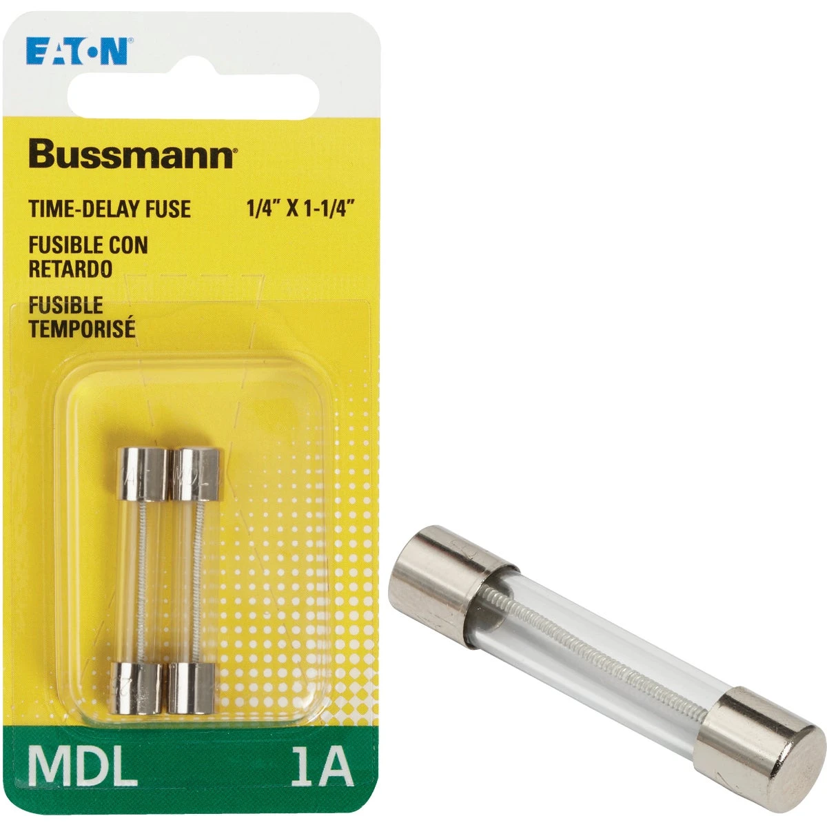 Bussmann 1 amps Time Delay Glass Fuse 2 pk