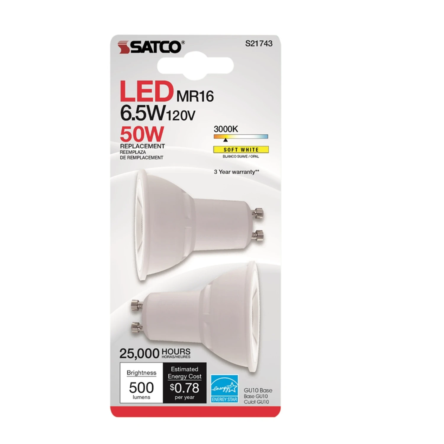 2Pk - Satco 6.5w 120v MR16 LED GU10 500 Lumens 3000k