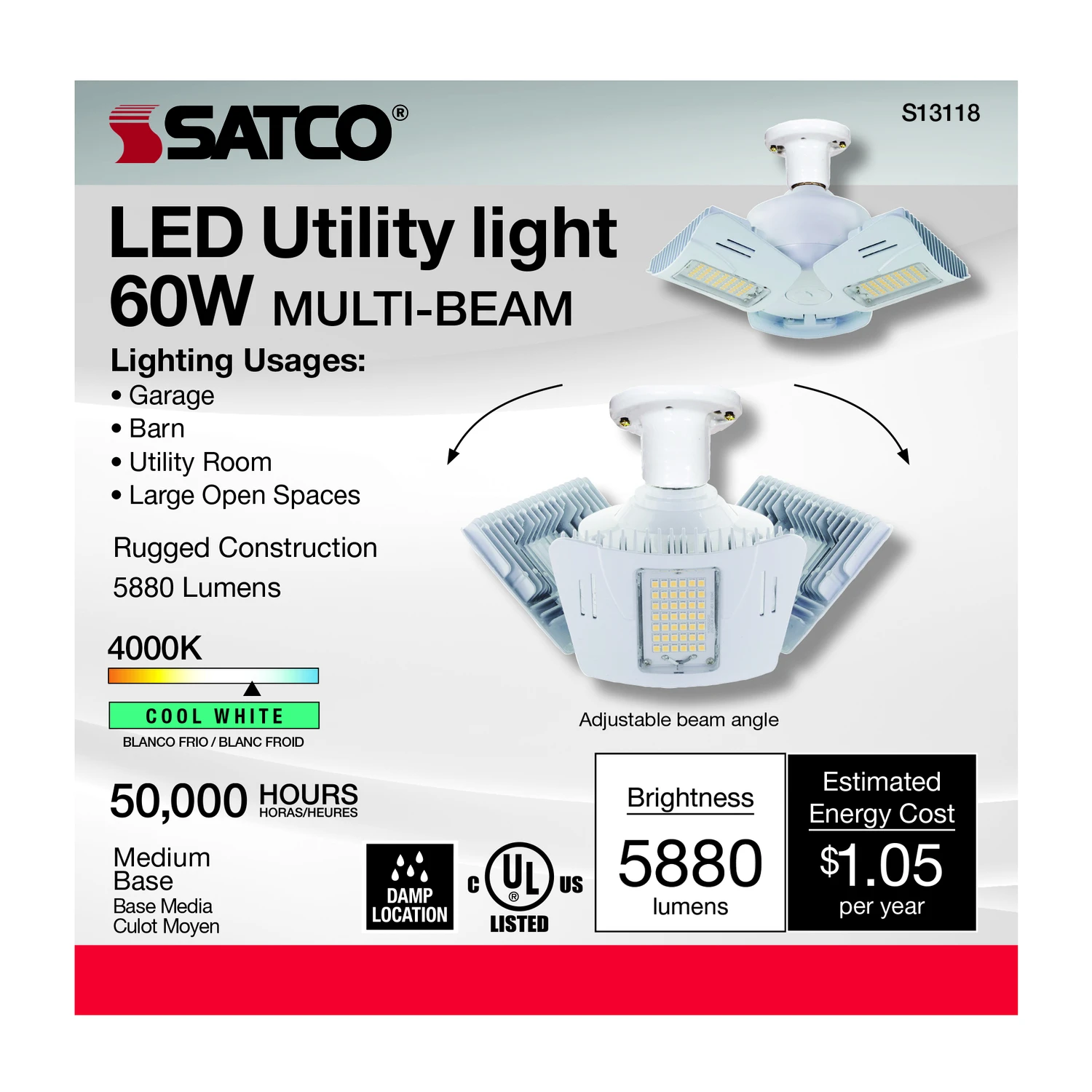 Satco Wide Surface E26 (Medium) LED Utility Light Cool White 300 Watt Equivalence 1 pk