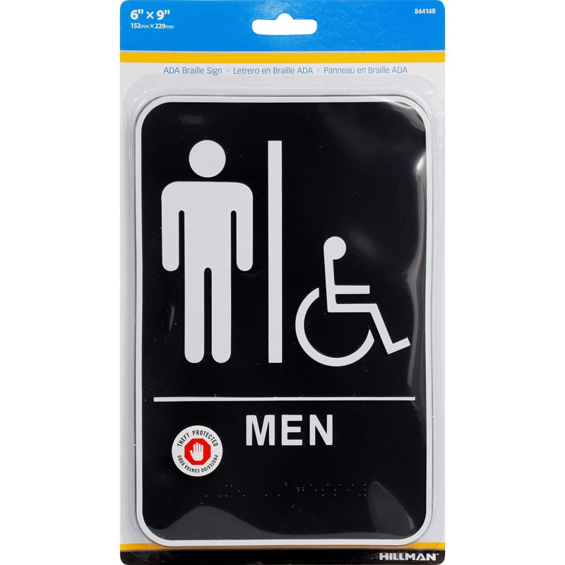 9 In. H X 6 In. W Black Plastic Men's Handicapped Restroom Sign With Braille