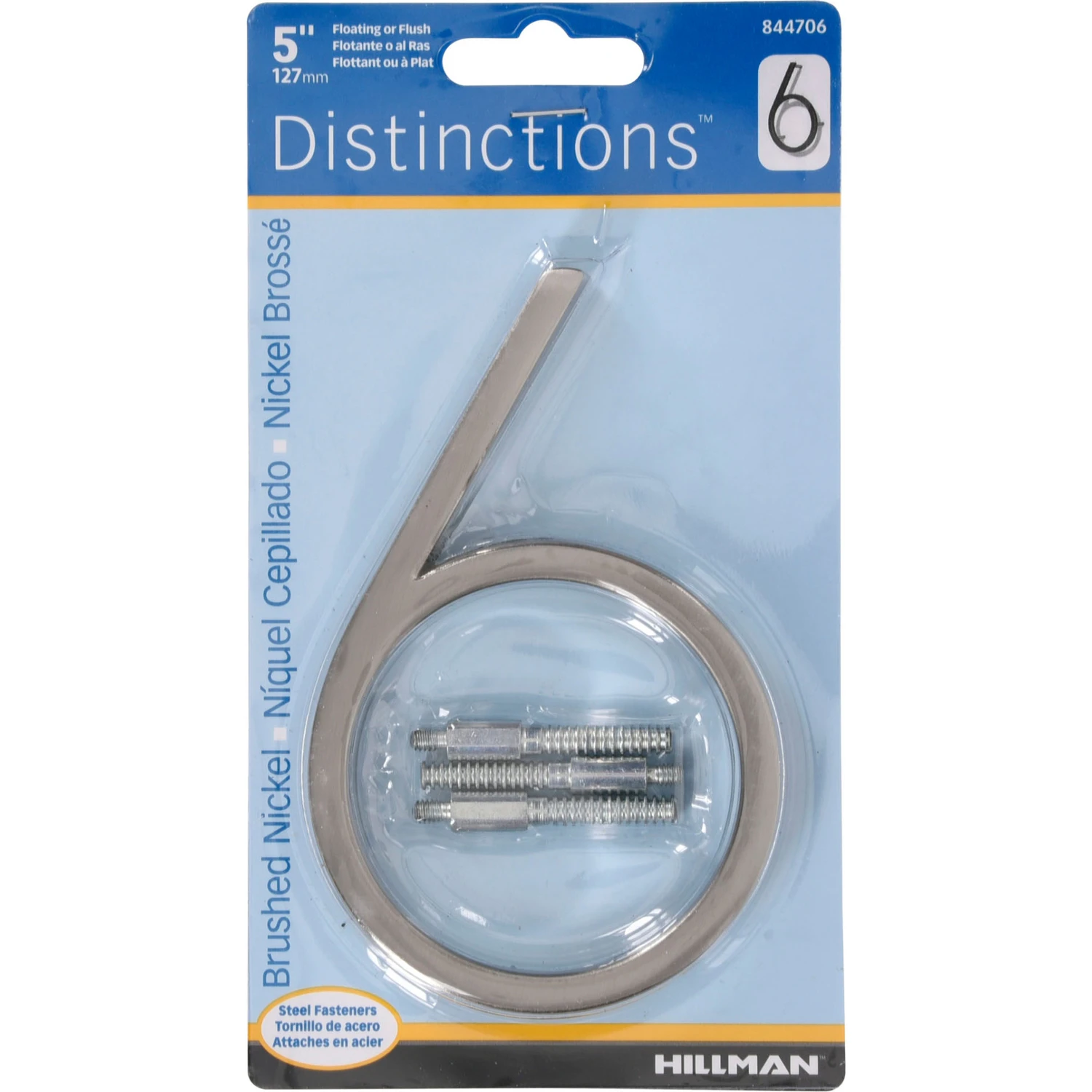 Distinctions House Address Number 6, Flush or Floating Mount, Brushed Nickel, 5-In.