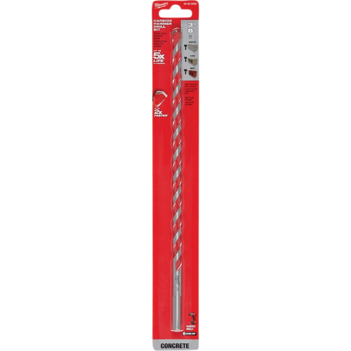 Milwaukee 48-20-9022 Drill Bit, 3/8 in Dia, 12 in OAL, Wide Flute, 3/8 in Dia Shank, 3-Flat Shank