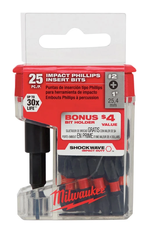 Milwaukee Shockwave Phillips #2 X 1 in. L Impact Insert Bit and Bit Holder Set Steel 26 pc