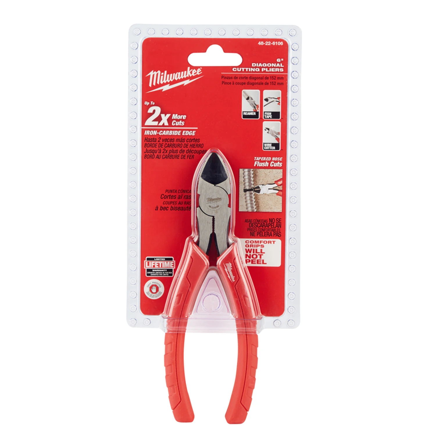 6 In. Comfort Grip Diagonal Cutting Pliers, Model 48-22-6106, 1 Pk
