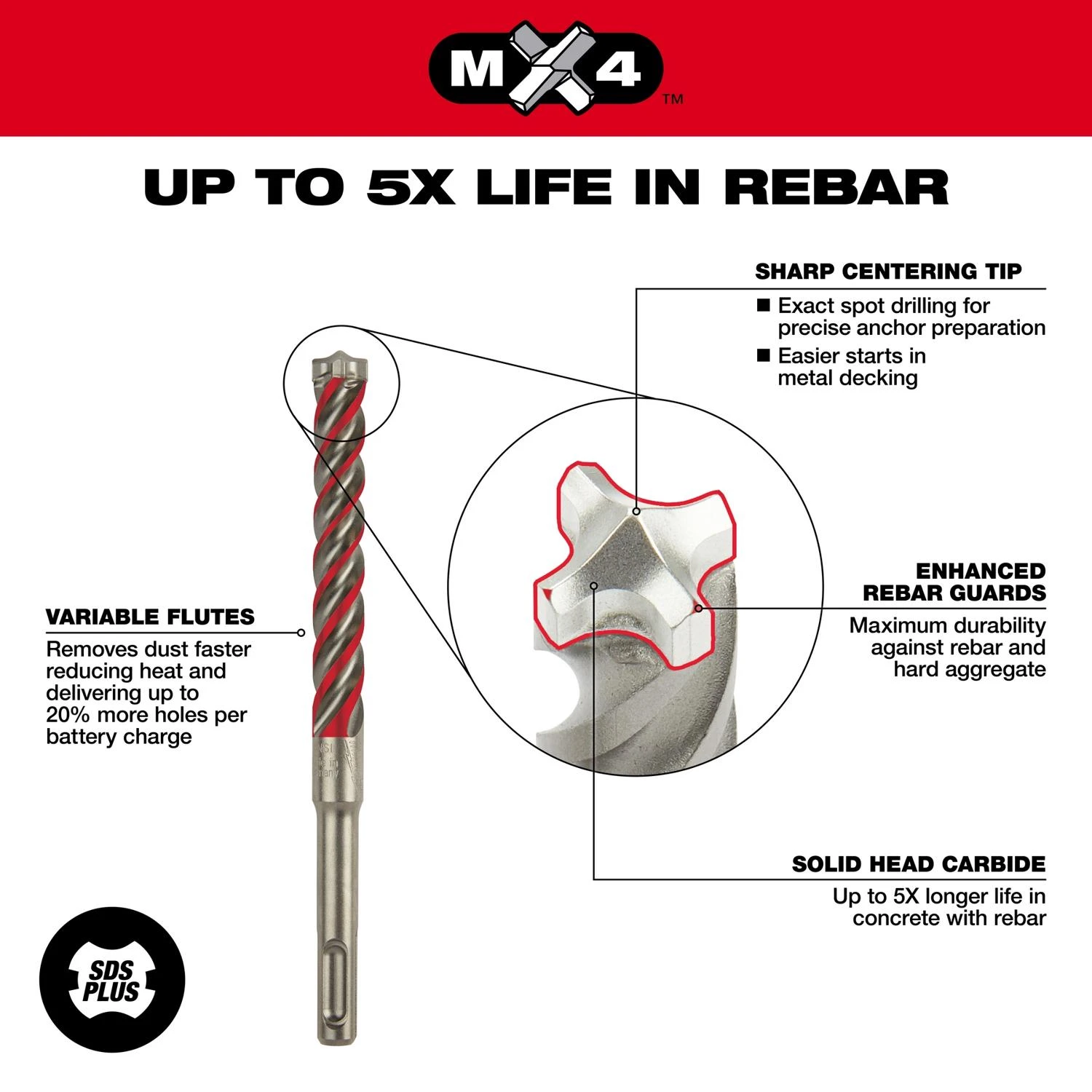 3/8 In. X 6 In. Mx4 Sds-plus 4-cutter Rotary Hammer Drill Bit