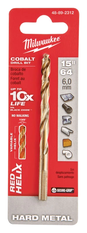 Red Helix 15/64 In. Cobalt Drill Bit - 3-flat Shank, 3.94 In. Length