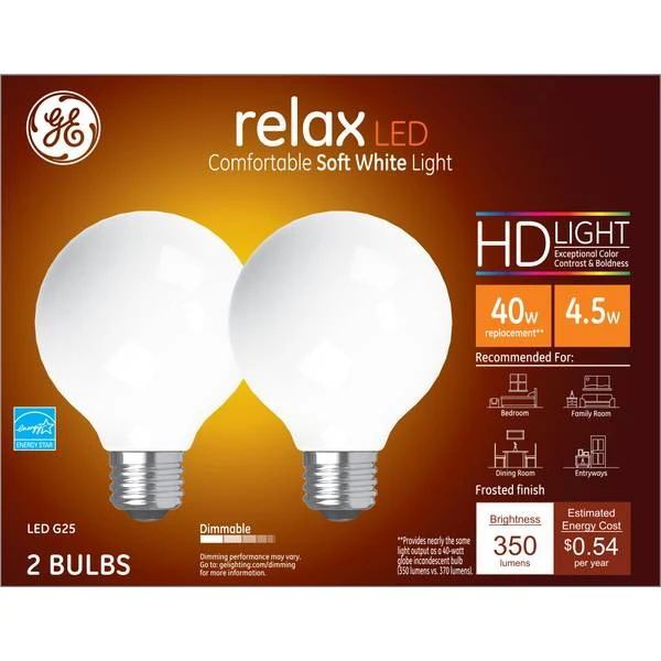 LED Light Bulbs, G25, Soft White, 360 Lumens, 4.5 Watt, 2-Pk.