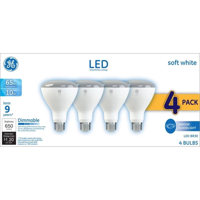 93247 Led Flood Light Bulb, 10w, 650 Lumens, Soft White, 4-pack, Dimmable