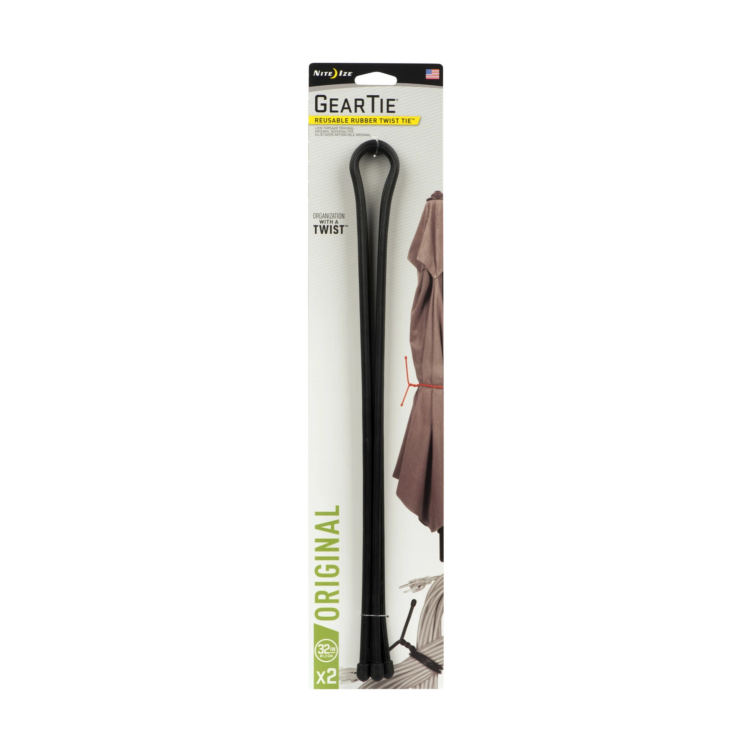Gear Tie 32 In. Reusable Rubber Twist Tie, Black, 2-pk, Waterproof