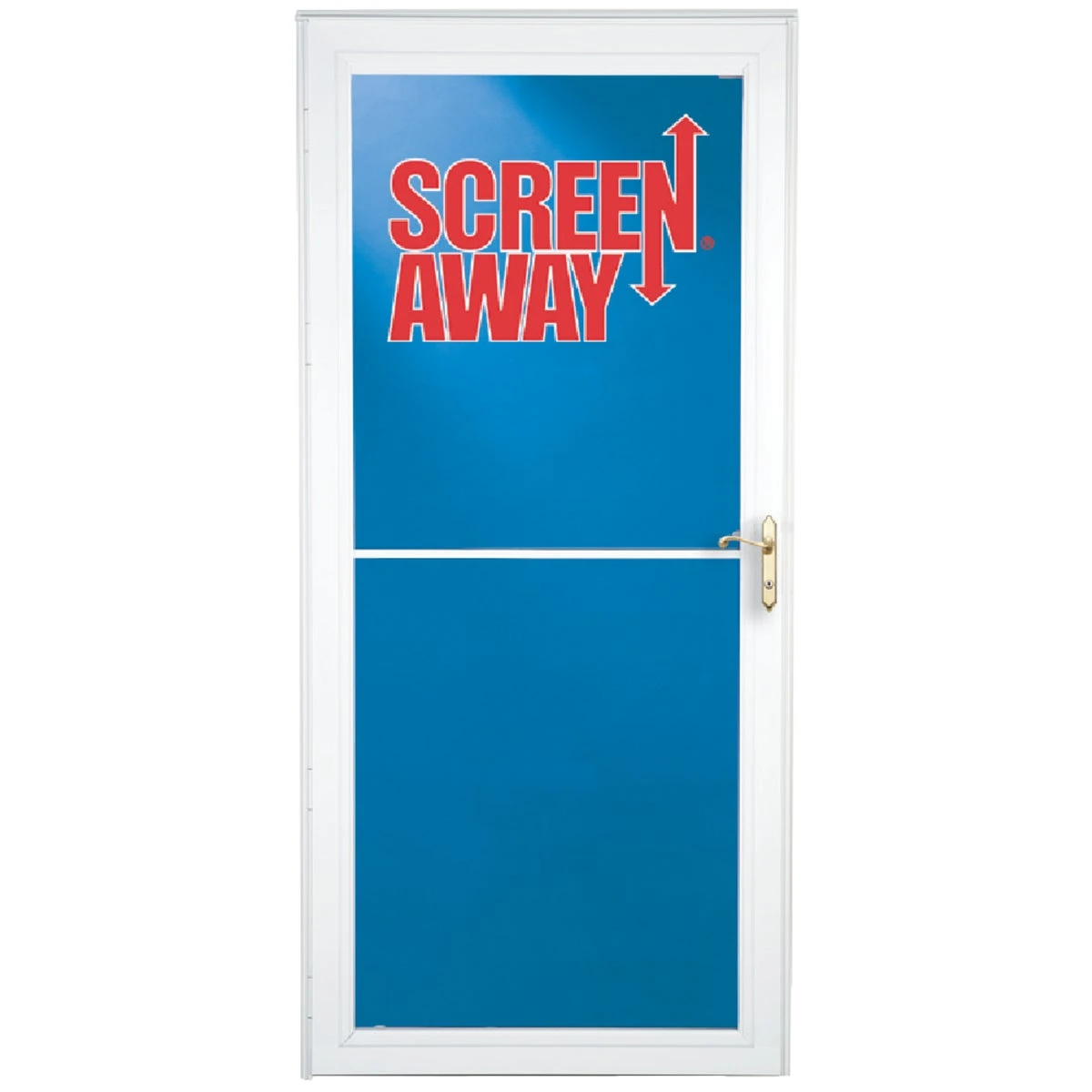 Screen Away Storm Door with Retractable Screen, White Aluminum Frame, Brass Handles, 36 by 81 Inches