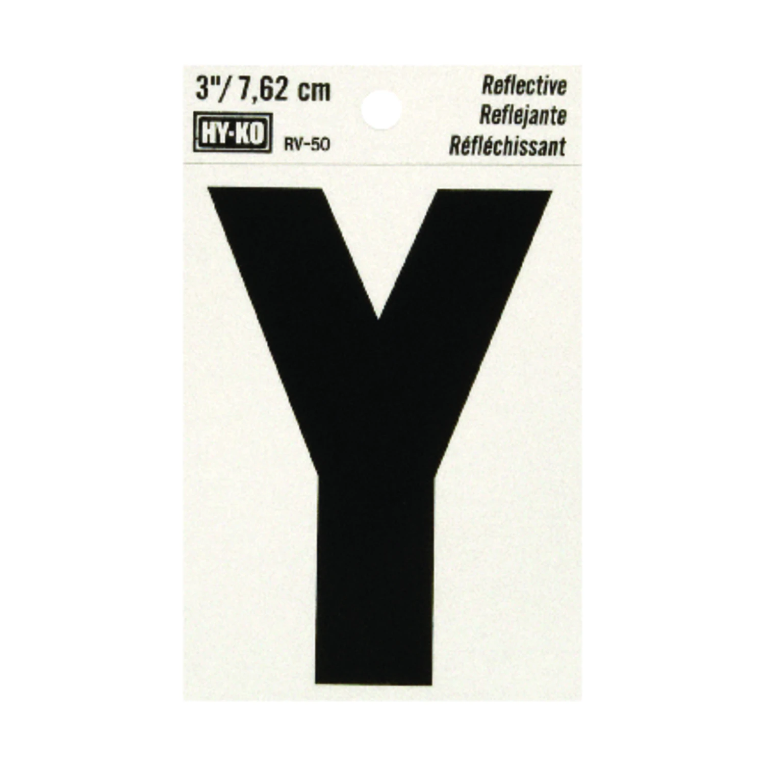 Hy-Ko RV-50/Y Reflective Letter, 2-1/2 in W x 4 in H Dimensions, Character: Y, 3 in H Character, Black Character, Vinyl