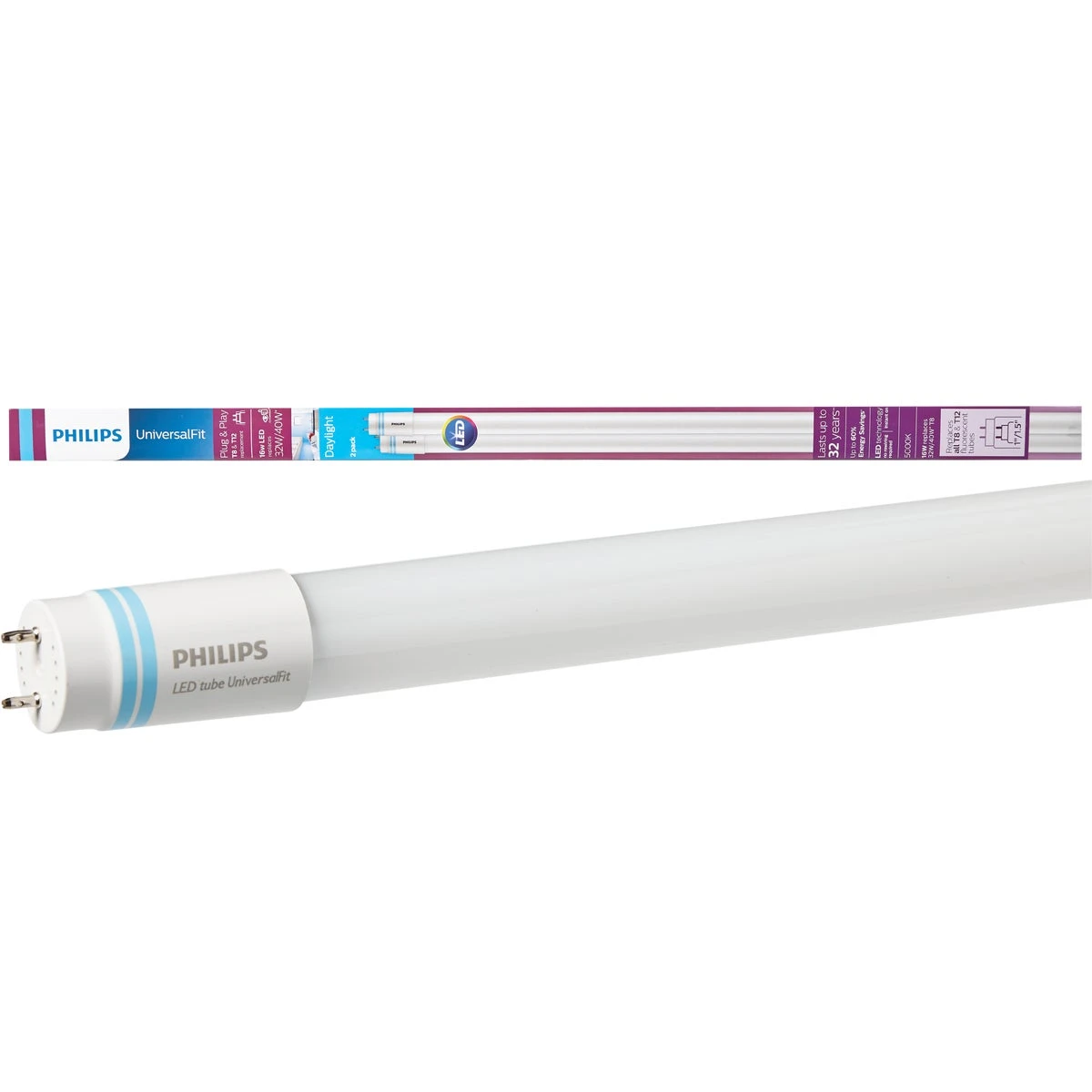 Philips UniversalFit Linear Daylight 48 in. Bi-Pin T8 LED Bulb 32 Watt Equivalence 2 pk