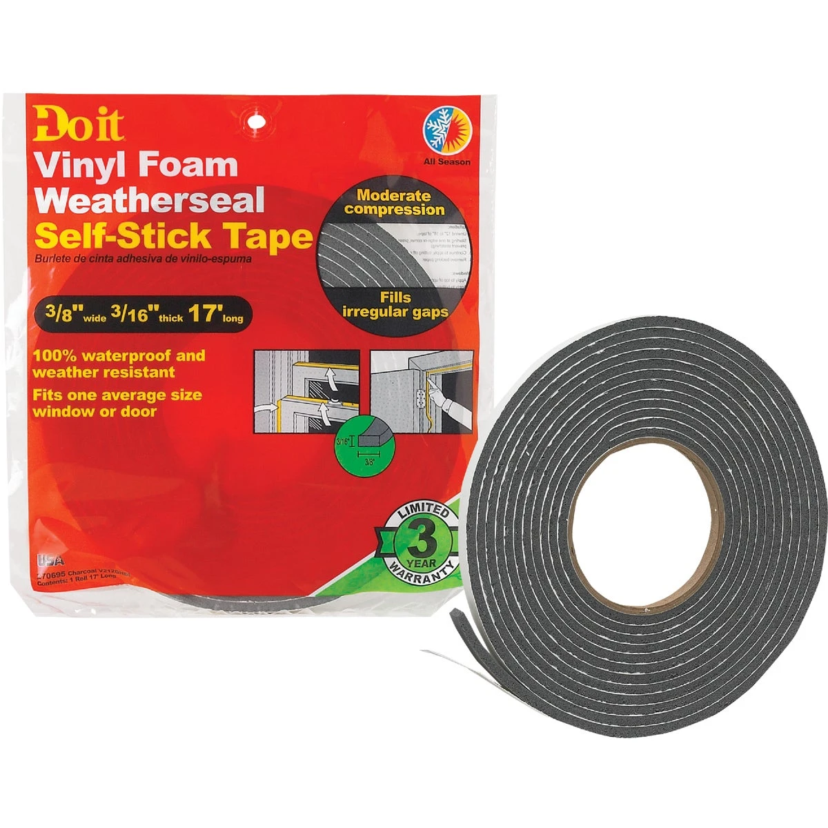 3/8" W X 3/16" T X 17' L Charcoal Foam Weatherstrip Tape