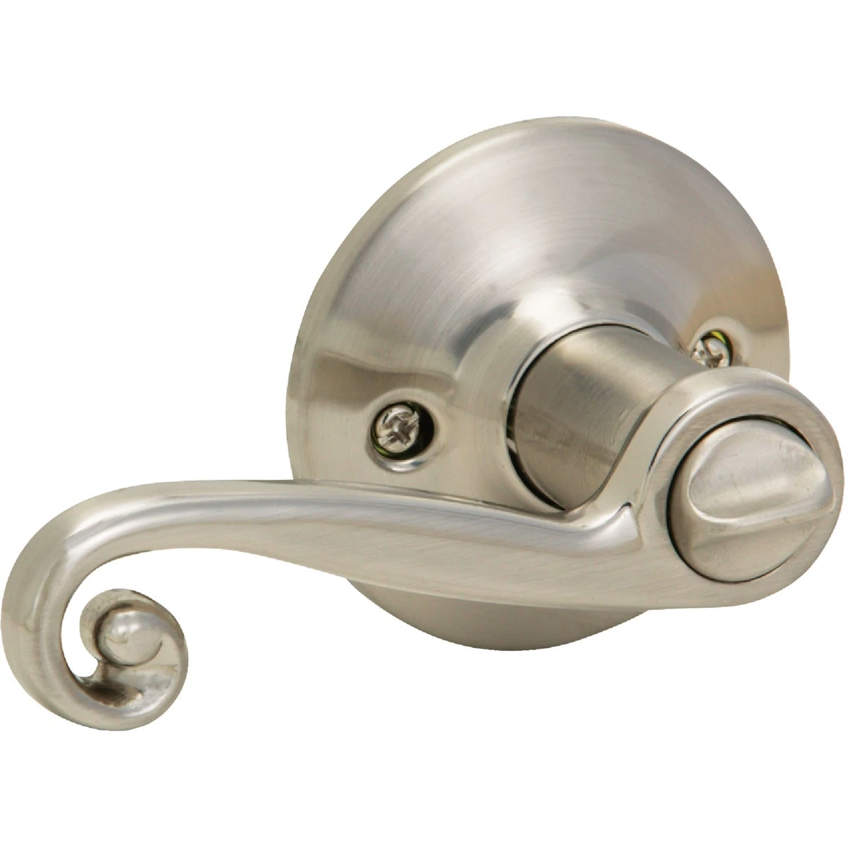 Brushed Nickel Scroll Privacy Door Lever With Adjustable Latch And Emergency Key Access