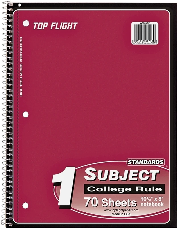 Top Flight Standards 1-Subject Wirebound Notebook, 70 Sheets, 3-Hole Punched, College Rule, 10.5 x 8 Inches, 1 Notebook, Color May Vary (31710)