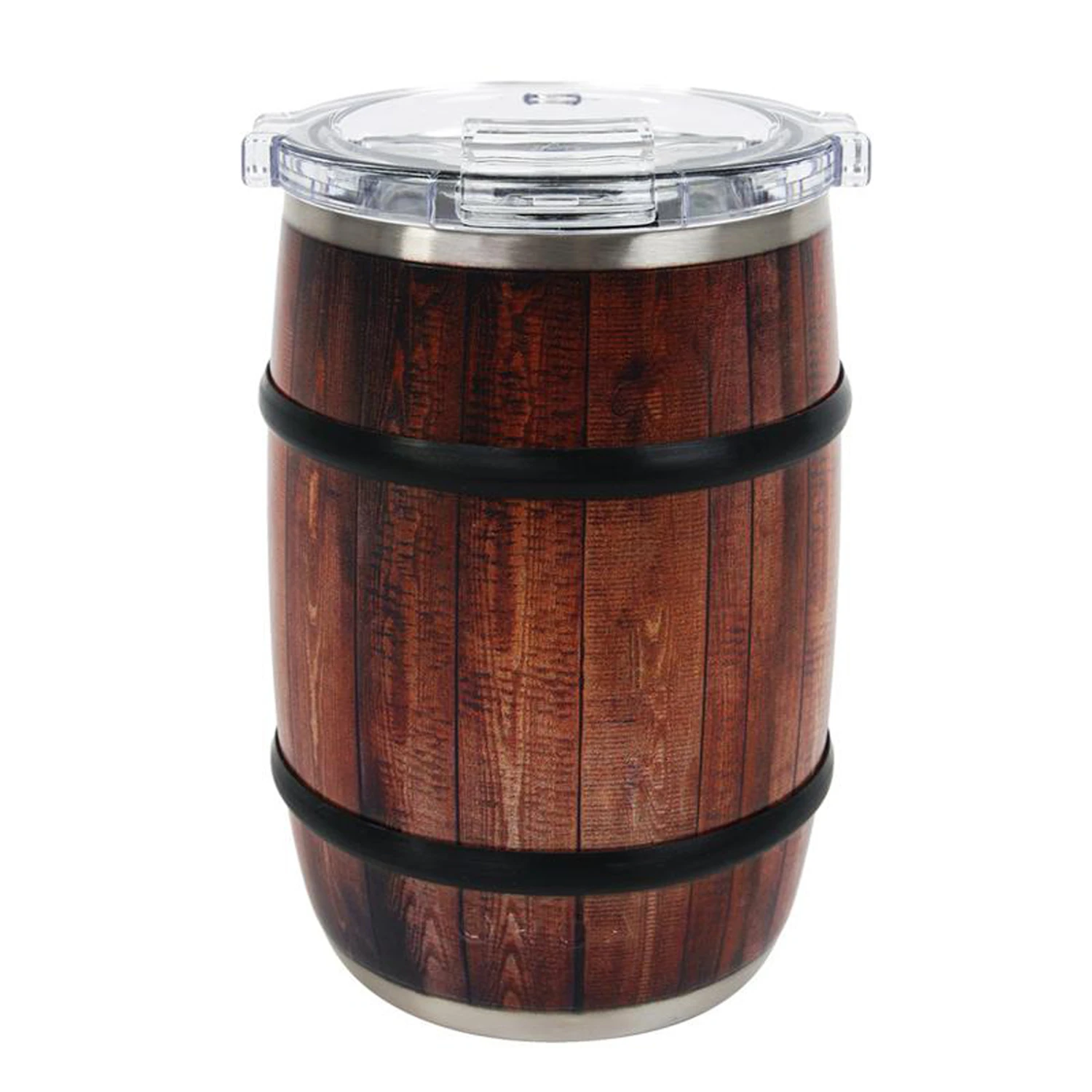12 Oz. Oak Wood Grain Barrel Insulated Mug With Clear Lid